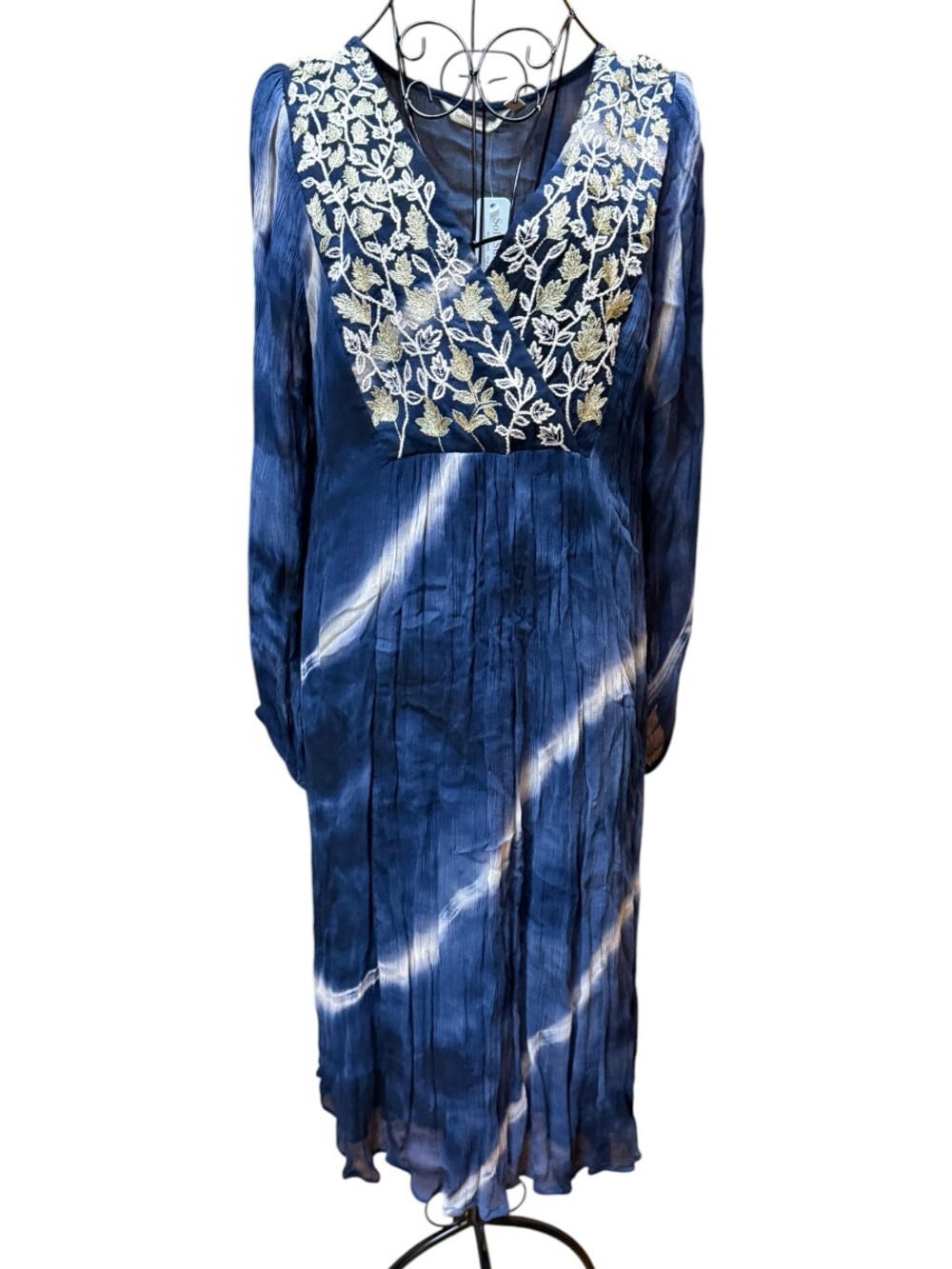 NWT Soft Surroundings Navy Tie-Dye Long-Sleeve Dress White Embroidery